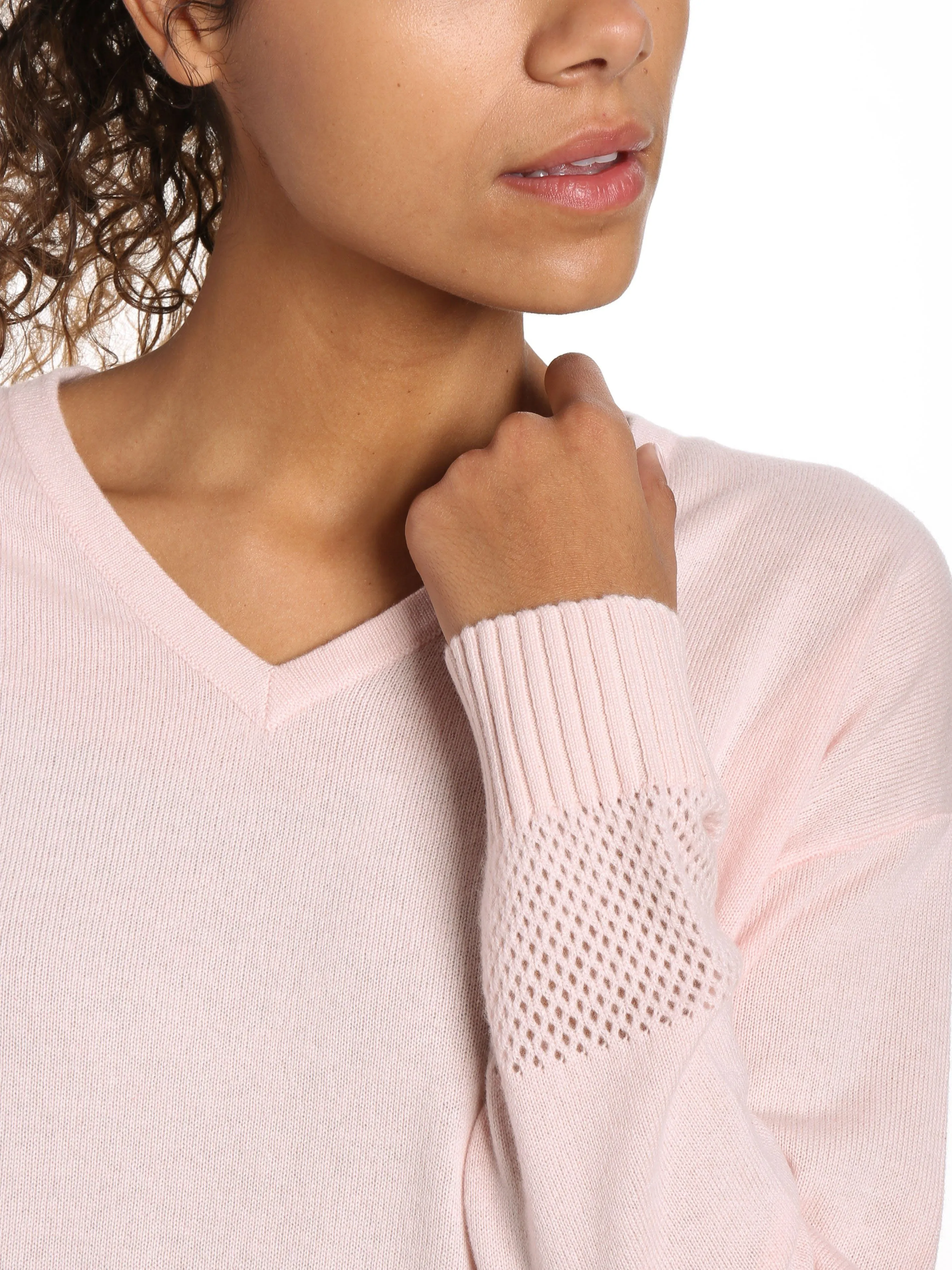 Zainuno Moizni Women's 100% Cashmere V-Neck Sweater with Mesh Sleeve